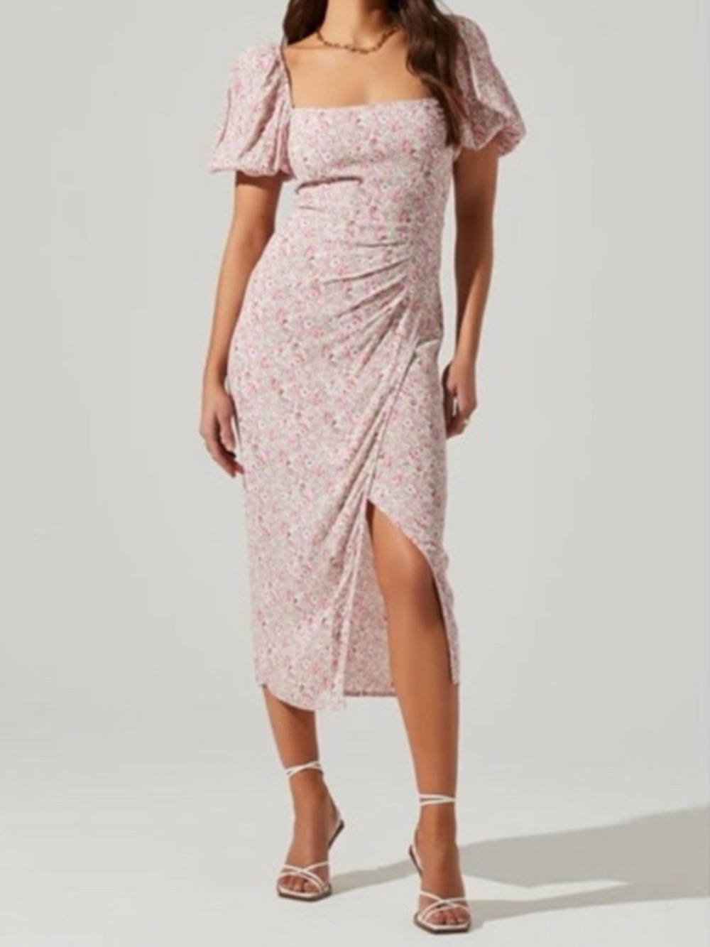ASTR the Label Puff Sleeve Front Slit Midi Dress in Pink Multi Ditsy Size XL